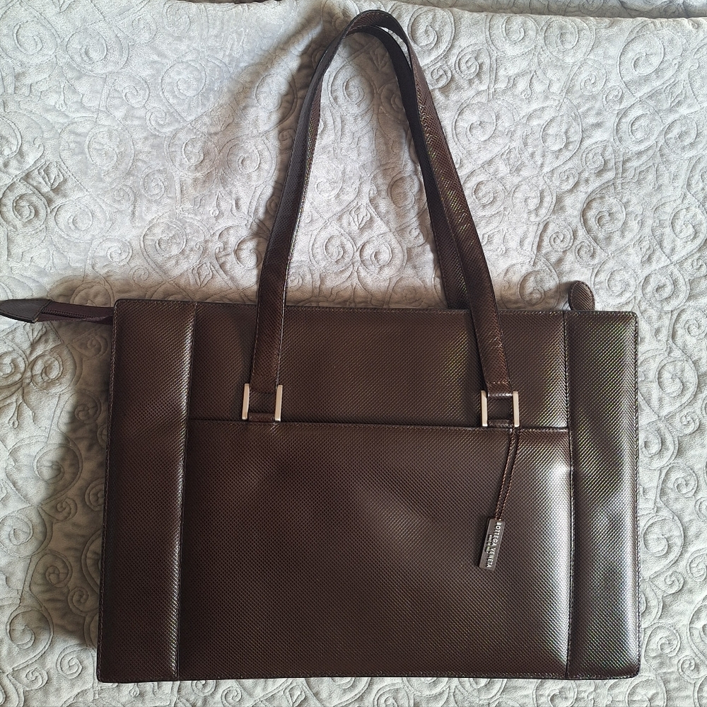 Authentic Bottega Veneta Brown Coated Leather Messenger Briefcase Bag RARE